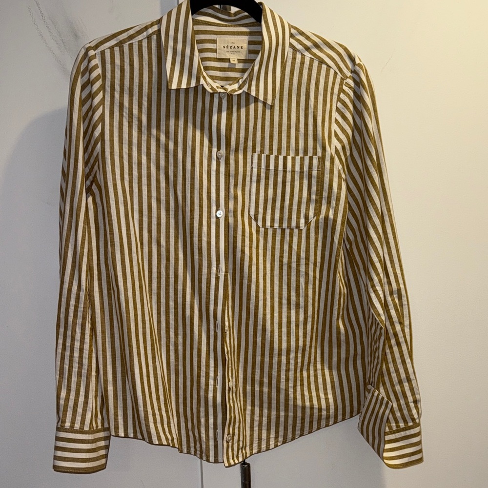 Sezane Tan and White Striped Button-Down Shirt - Picture 2 of 4